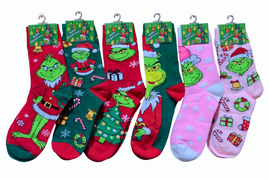 Xmas Socks Grumpy Green Adult 6 Asstd