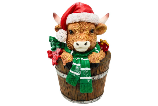 Resin Highland Cow in Barrel 25.7x16.5x17cm