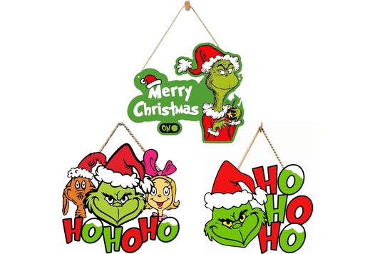 Xmas Hanging Sign Grumpy Green 30x25cm 3 Asstd