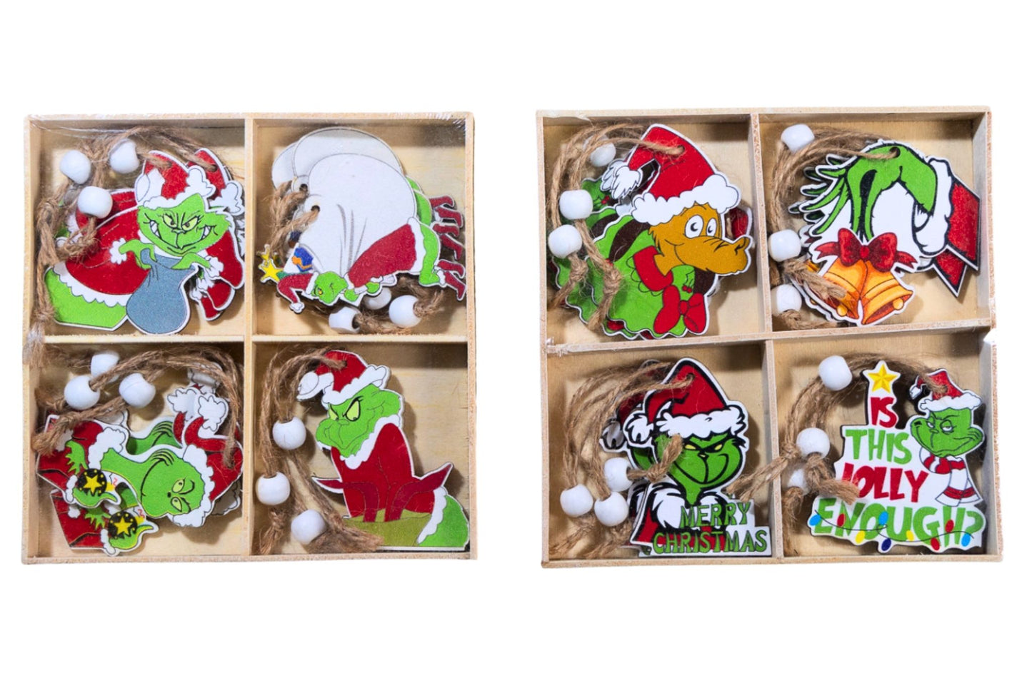 Xmas Wooden Hanging Ornament Grumpy Green 7cm Pk8 2 Asstd