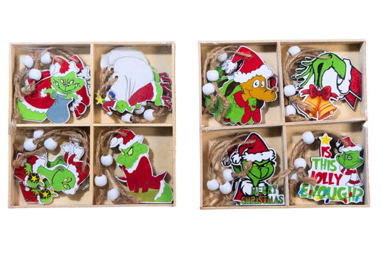 Xmas Wooden Hanging Ornament Grumpy Green 7cm Pk8 2 Asstd