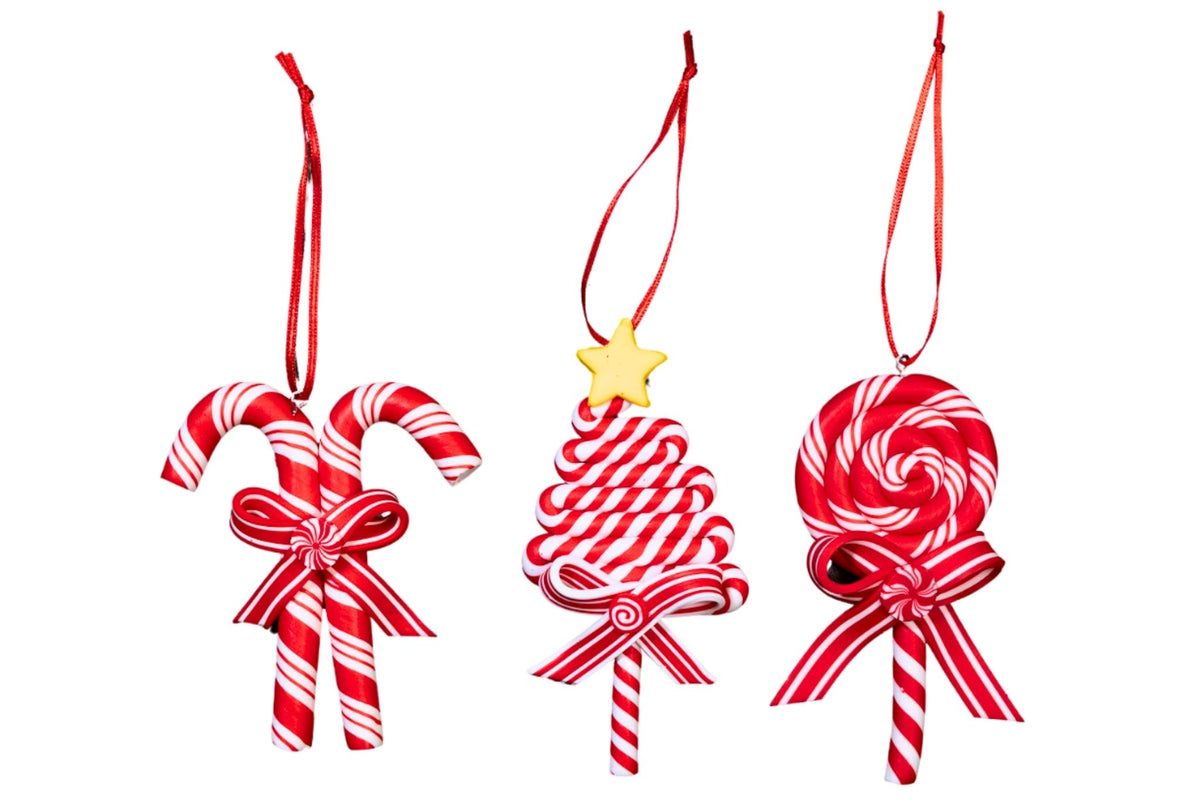 Xmas Hanging Ornament Candy Cane Red/White Clay Dough 11x6cm 3 Asstd