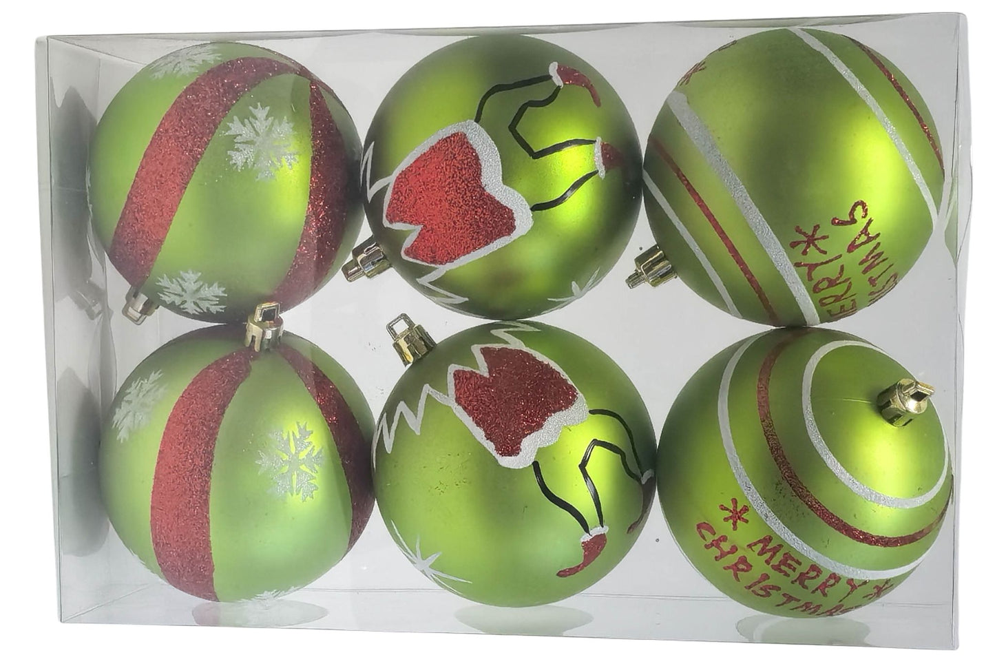 Xmas Baubles Hand Painted Green/Red 8cm Pk6