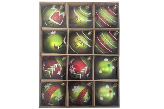 Xmas Baubles Asstd Designs Green/Red 6cm Pk12