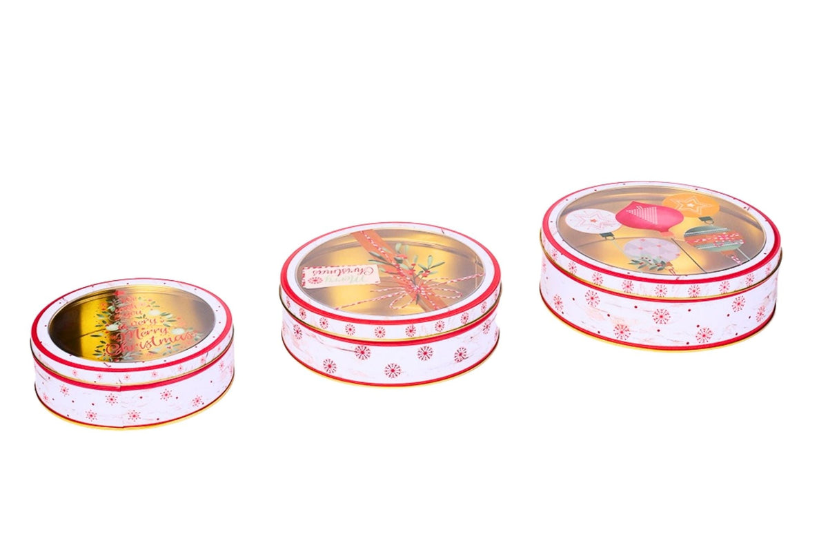 Christmas Round Metal Gift Box Set of 3 L:22x7.2cm M:20x6.5cm S:17x6cm