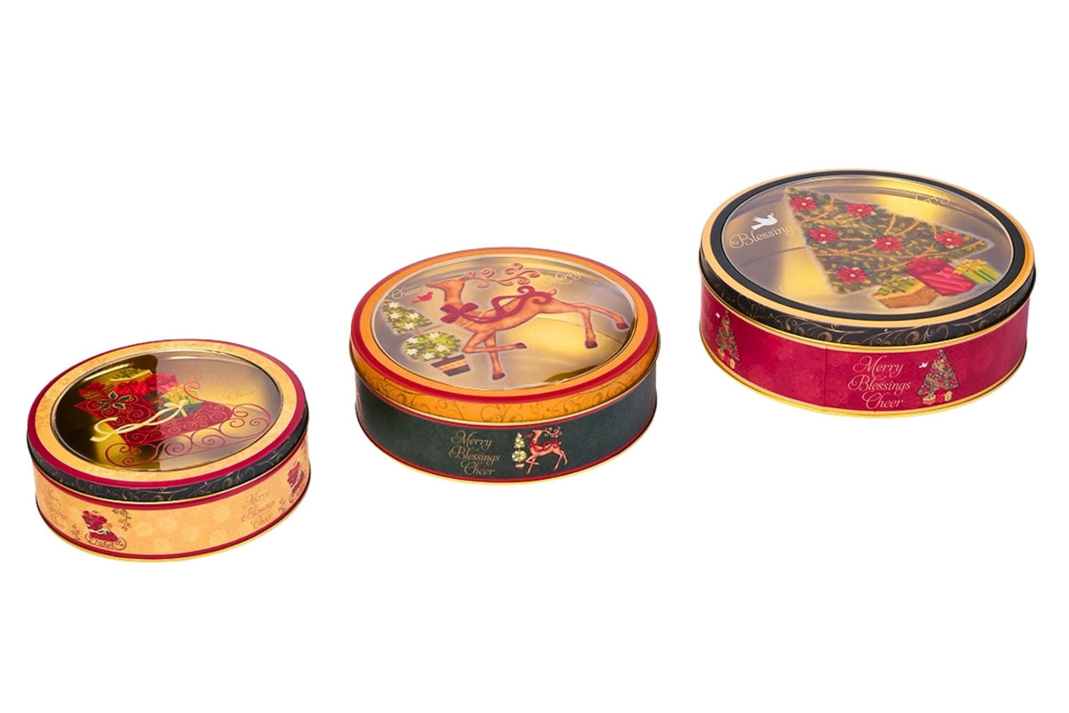 Christmas Round Metal Gift Box Set of 3 L:22x7.2cm M:20x6.5cm S:17x6cm