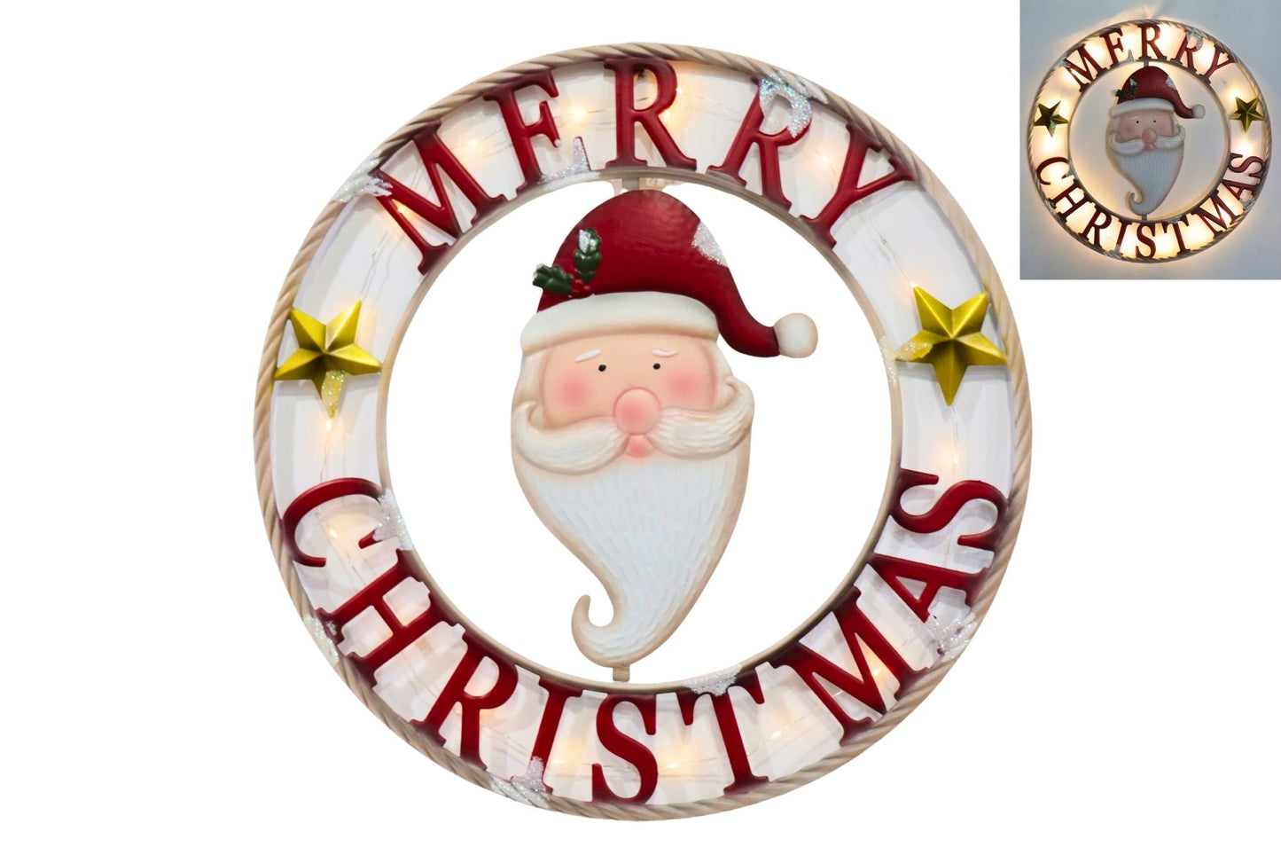 Metal Wall Xmas Sign Santa Face/Merry Christmas w/LED 62cm B/O