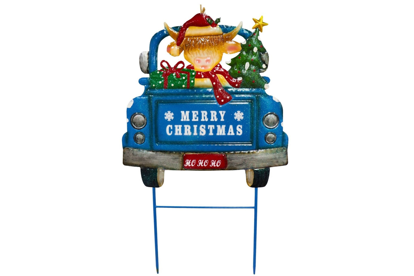 Metal Festive Highland Cow in Blue Truck Garden Stake 45x73cm