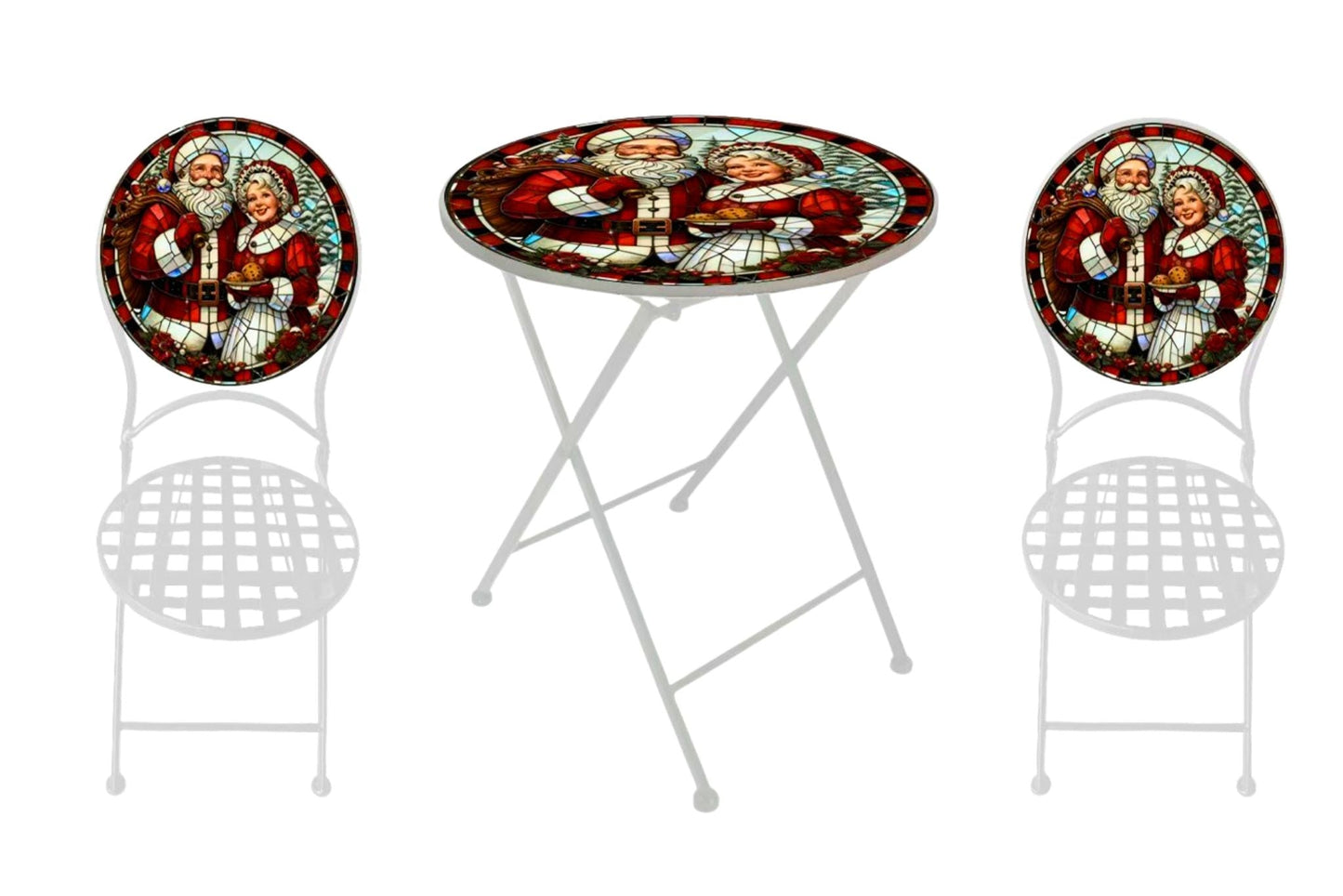 Metal Table & Chairs Set Mr & Mrs Claus Xmas White 60cm dia. x 73cm H
