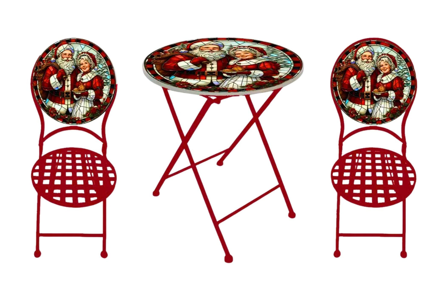 Metal Table & Chairs Set Mr & Mrs Claus Xmas Red 60cm dia. x 73cm H