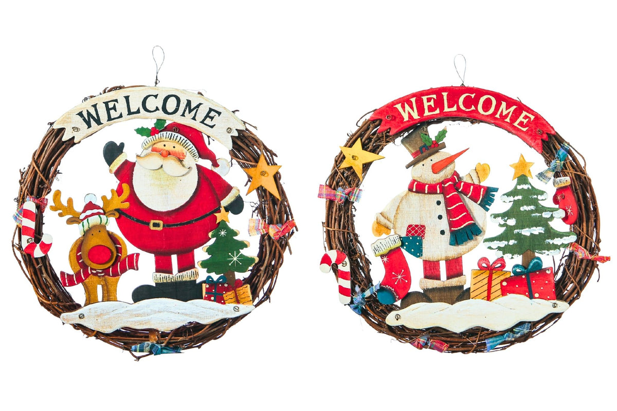 Wooden Wreath Santa & Snowman 30cm 2 Asstd
