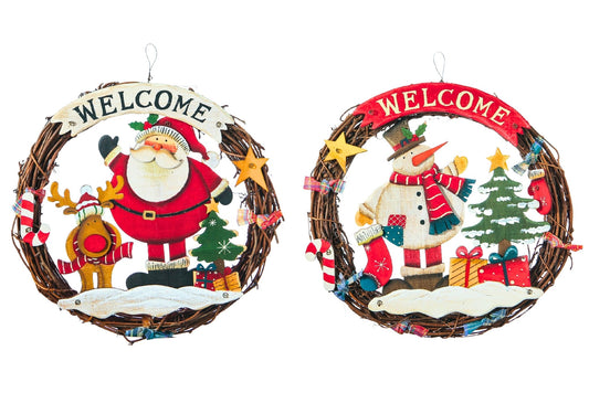 Wooden Wreath Santa & Snowman 30cm 2 Asstd