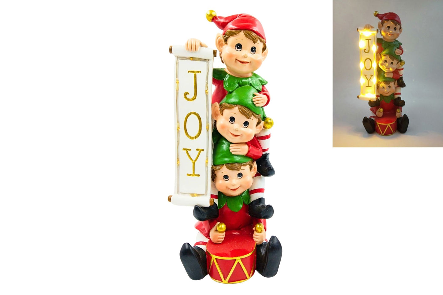 Resin Stacked Elves w/LED Light Up Joy Sign B/O 13x13x31cm