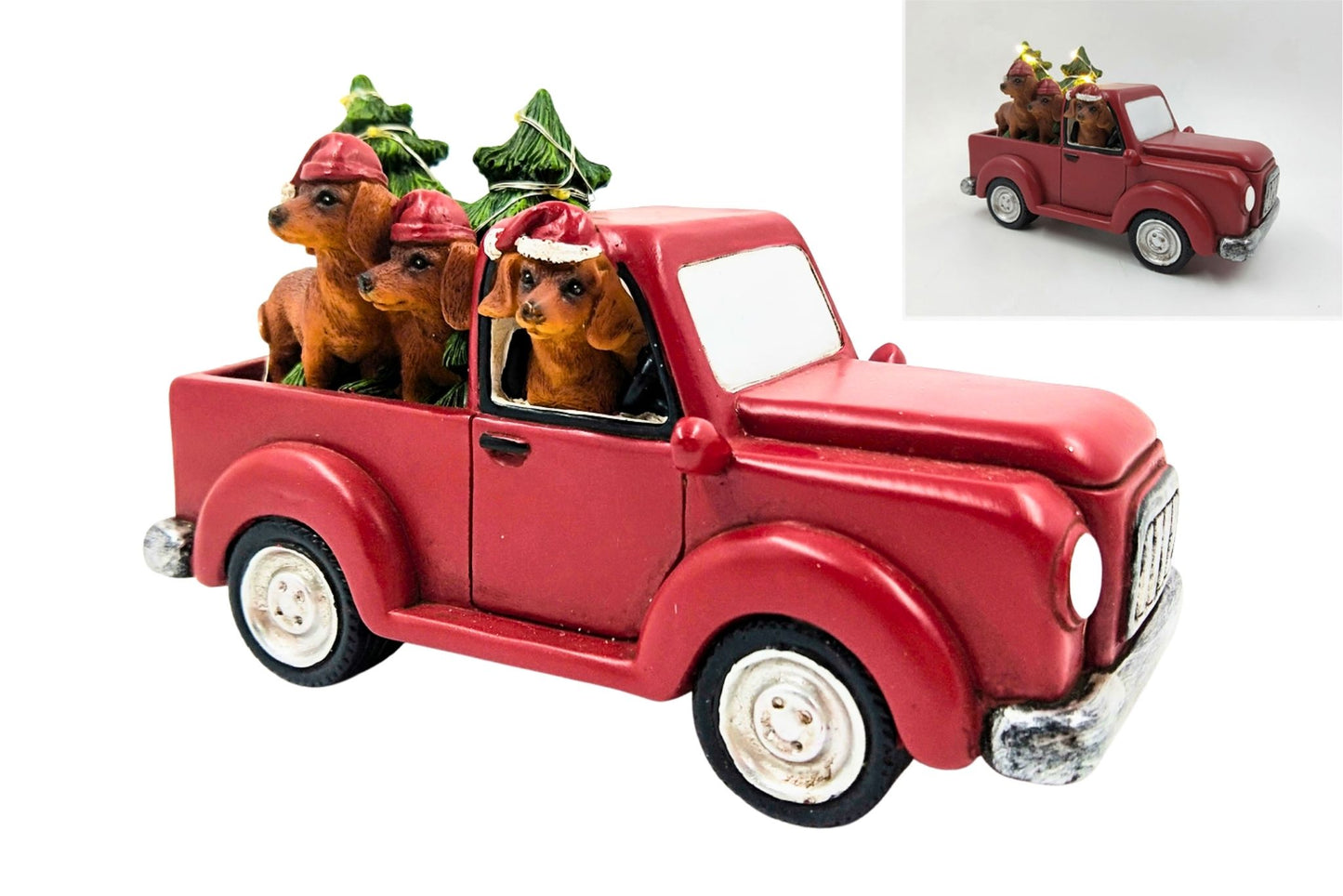 Xmas Dogs in Red Pickup Truck w/LED Light B/O 20.5x10x12cm