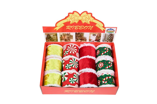 Christmas Ribbons w/Fray Edges 6.3cm 4 Asstd PDQ