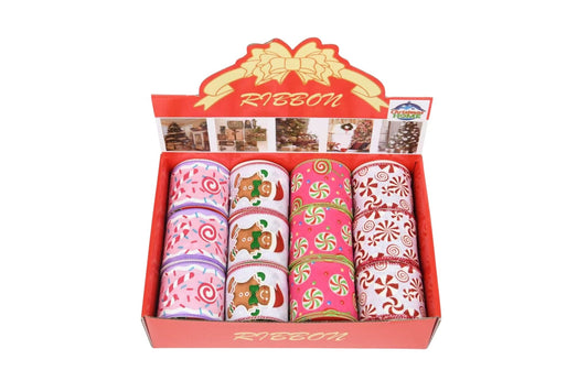 Christmas Ribbons 6.3cm 4 Asstd PDQ 6.3cm x 2.74m