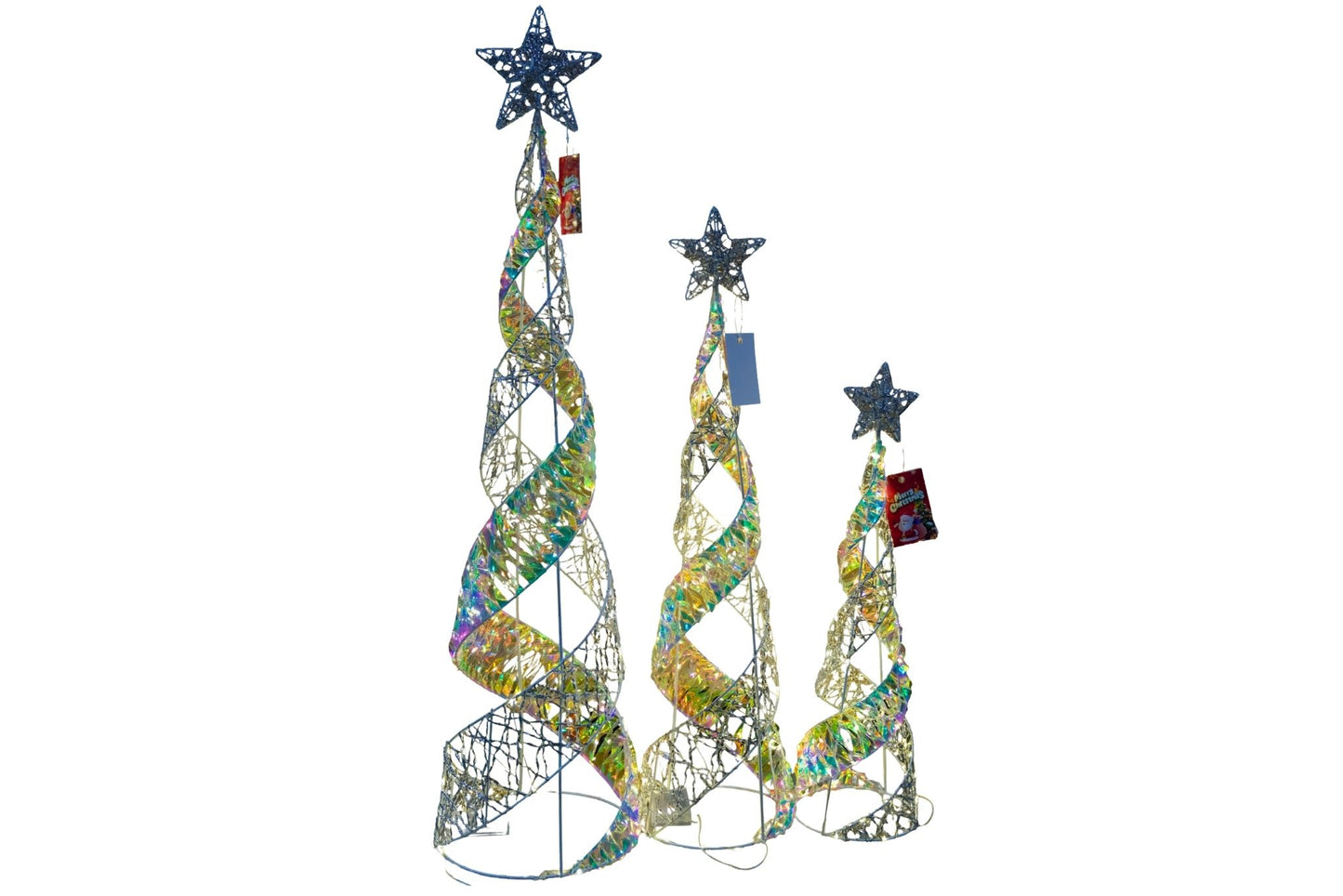LED Twisted Iridescent Wire Mesh Xmas Tree Set Of 3 25x100/20x80/16x60cm