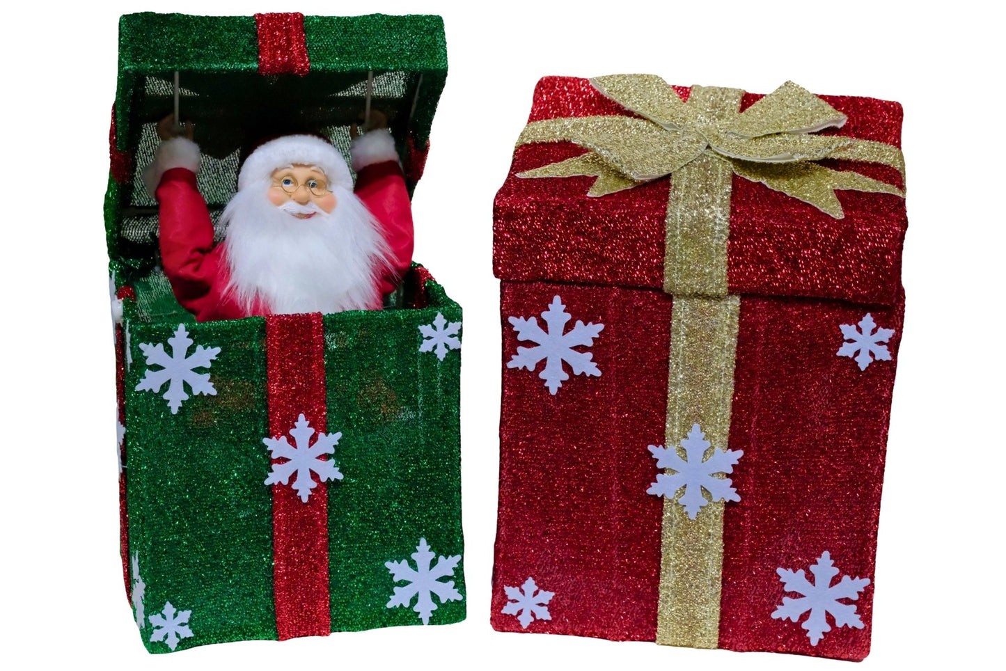 Moving Musical Mr Santa Gift Box w/Open-Close Action & Lights, Sound Sensor & Try-Me Button B/O 2 Asstd