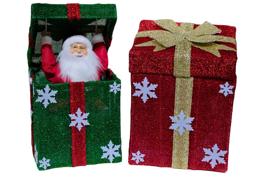 Moving Musical Mr Santa Gift Box w/Open-Close Action & Lights, Sound Sensor & Try-Me Button B/O 2 Asstd