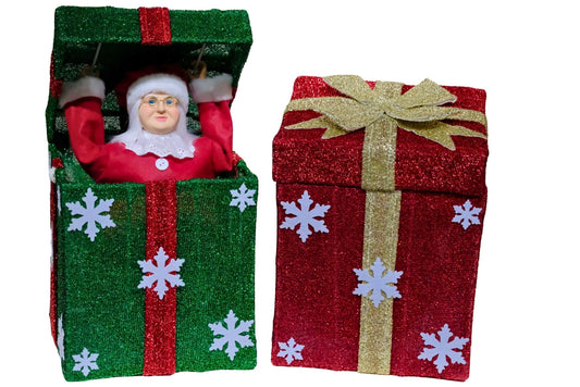Moving Musical Mrs Santa Gift Box w/Open-Close Action & Lights, Sound Sensor & Try-Me Button B/O 2 Asstd
