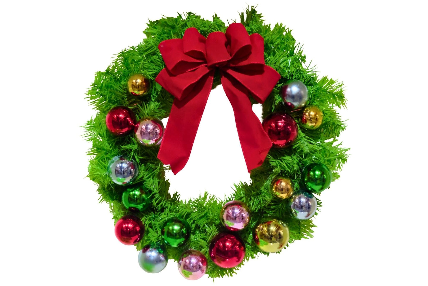 PVC Green Wreath w/Bow & 11 Xmas Balls 30cm