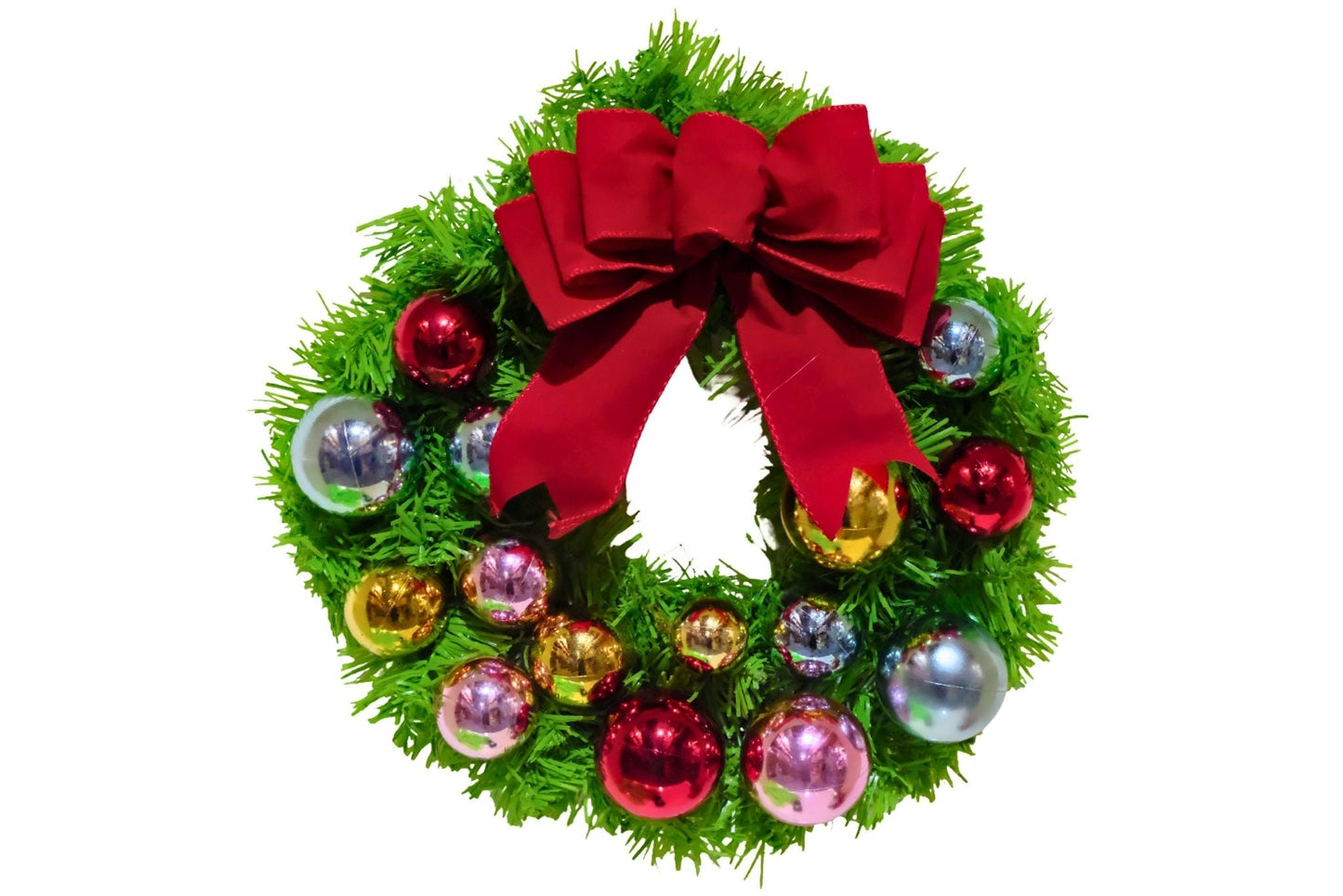 PVC Green Wreath w/Bow & 11 Xmas Balls 40cm