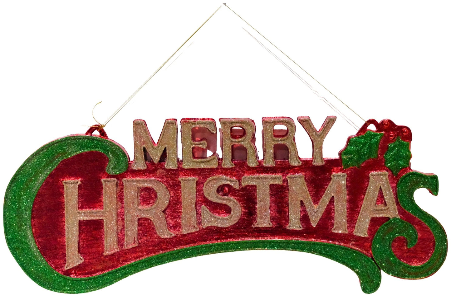 Plastic Glitter Red/Gold/Green Merry Christmas Sign 50x21cm