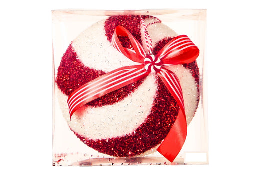 Xmas Tinsel Ball w/Bow Red/White 20cm