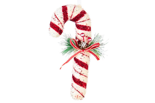 Xmas Tinsel Candy Cane w/Bow & Leaves 20cm