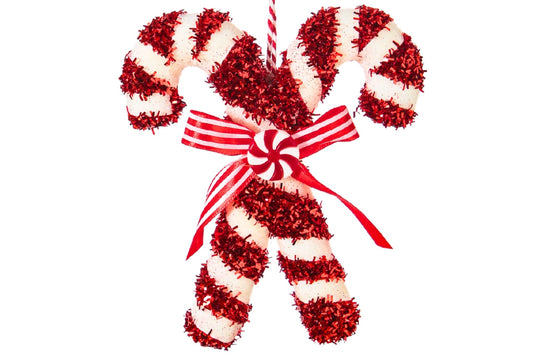 Xmas Ornament Tinsel Candy Cane Cross 14x15cm