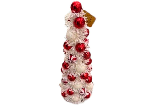 Xmas Tinsel Tree White w/Red Baubles 15x35cm