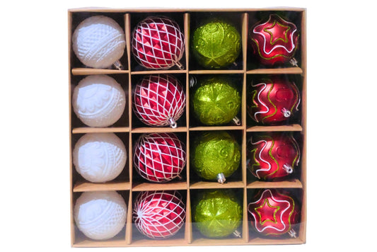 Xmas Baubles Red/Green/White 8cm Pk16