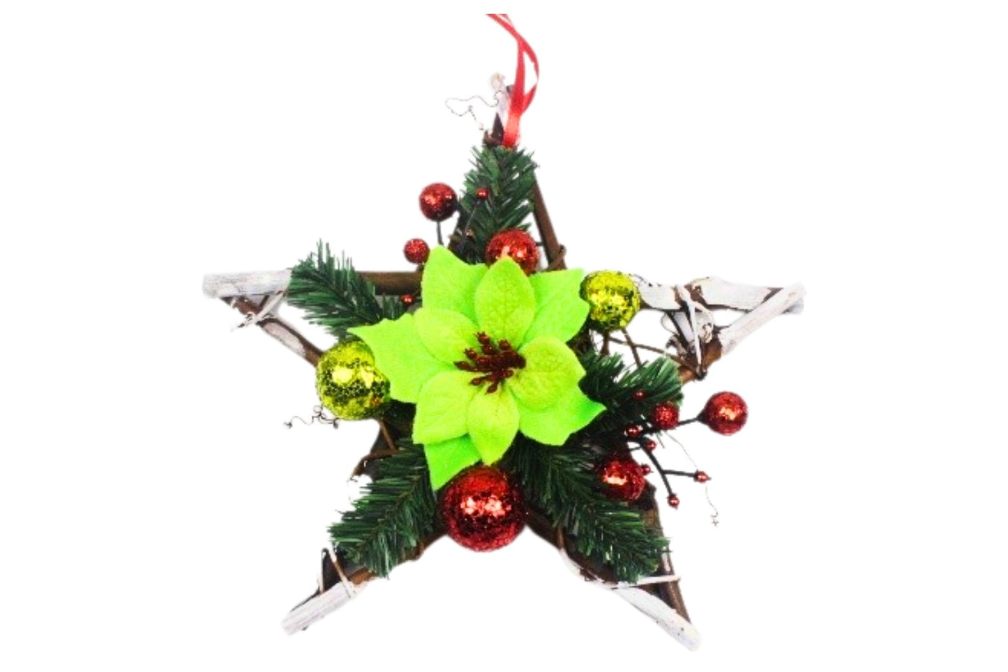 Rustic Star Ornament w/Poinsettia & Berries 30cm