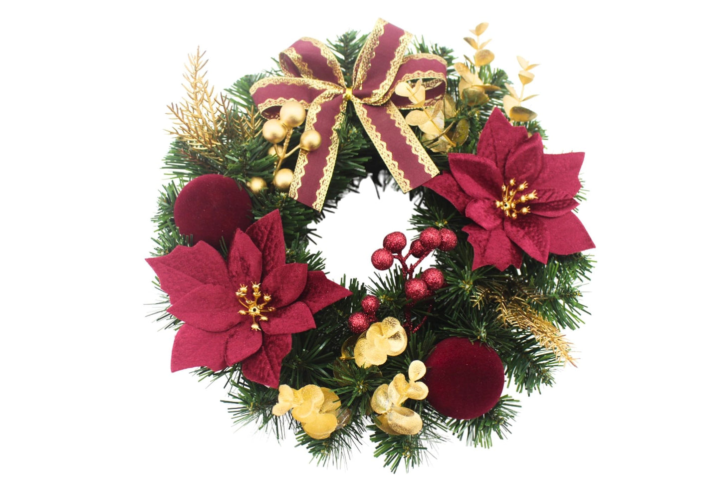 Decorated Christmas Wreath w/Flowers & Bow 30cm