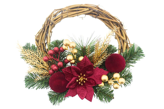 Rustic Christmas Wreath w/Poinsettia & Berries 25cm