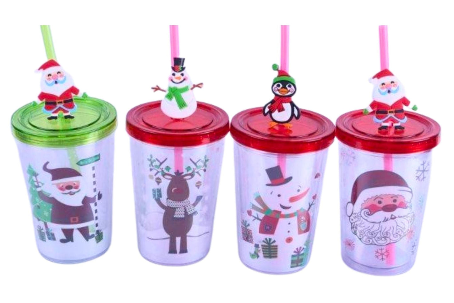 Xmas Drinking Cup w/Straw 300ml 12.3x8.5x6cm 4 Asstd