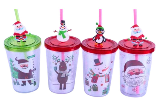 Xmas Drinking Cup w/Straw 300ml 12.3x8.5x6cm 4 Asstd