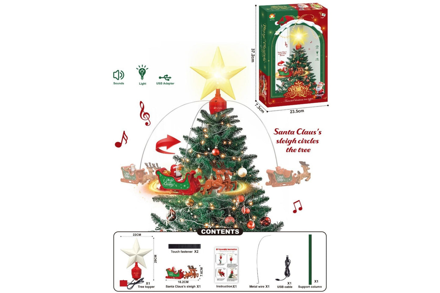 Star Tree Topper w/Rotating Santa on Sleigh